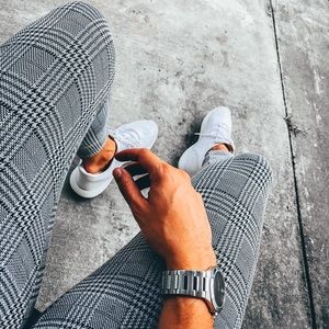 Mens Plaid Checked Skinny Trousers Pants Joggers